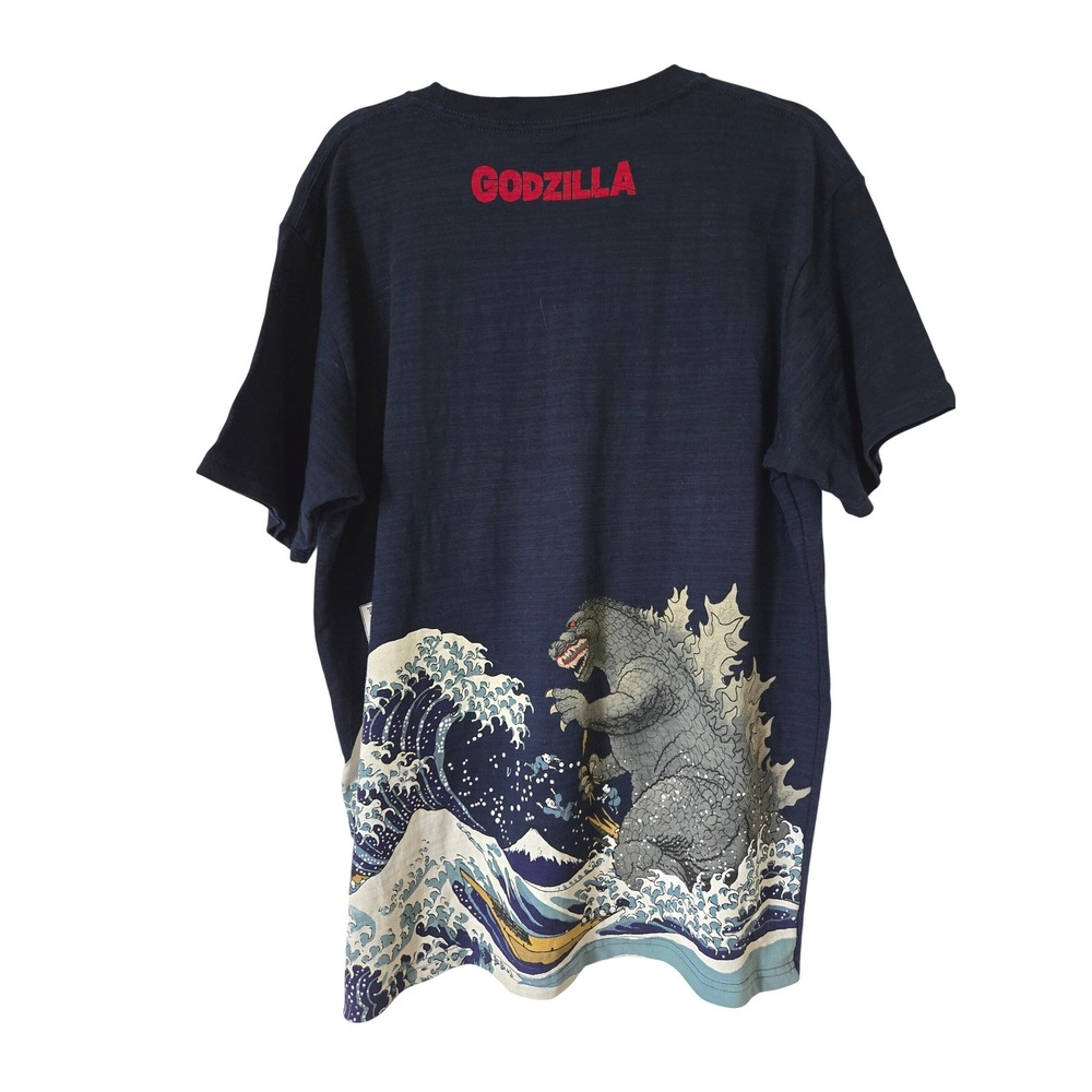 Godzilla Great Wave Off Kanagawa Graphic T-Shirt Mens XXL Navy Blue Toho Slub